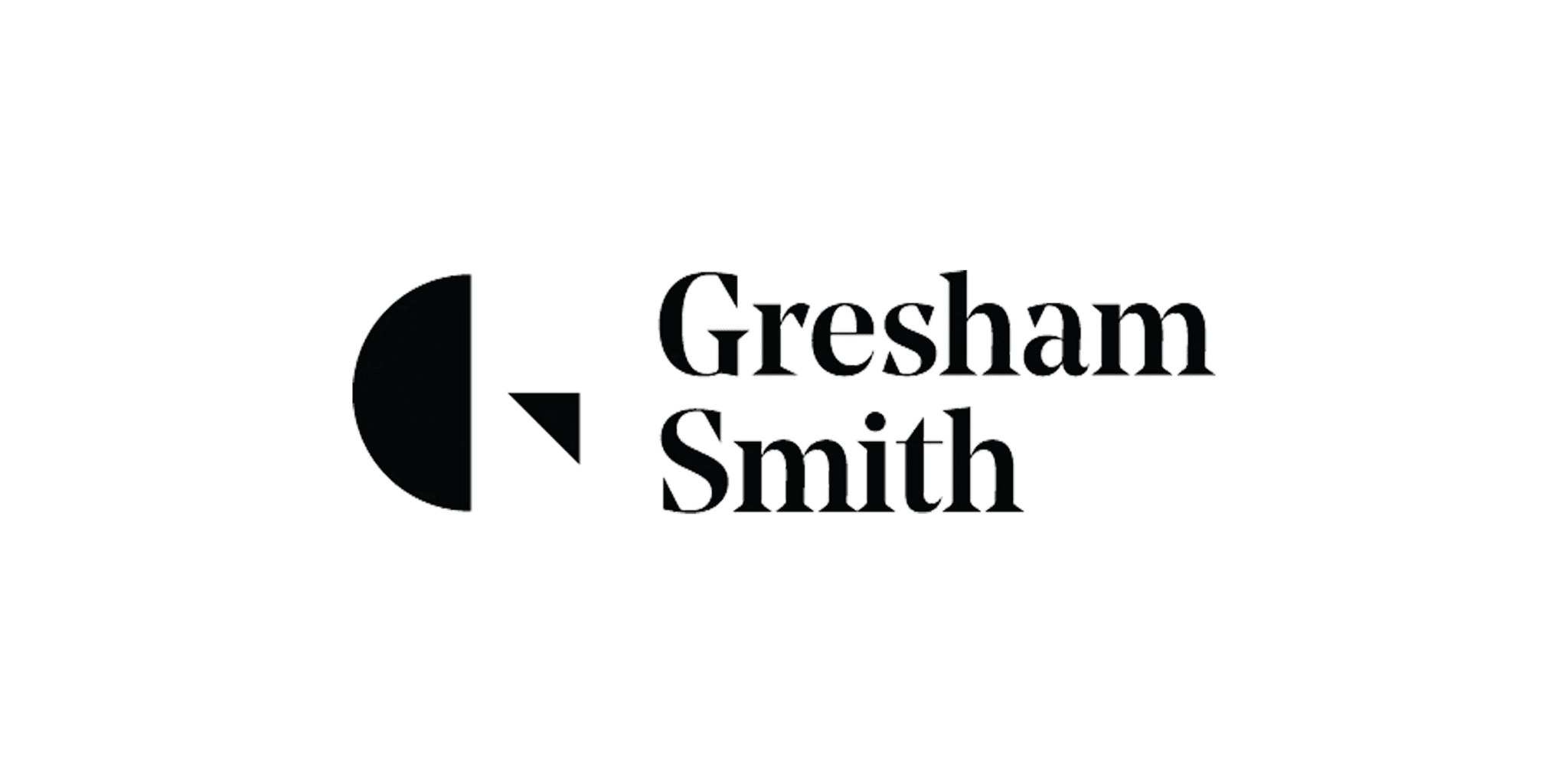 The image shows a logo with the text "gresham smith" in a stylized font. the logo features a graphical element that resembles a left-pointing arrow or chevron on the left side. the overall design is monochromatic.